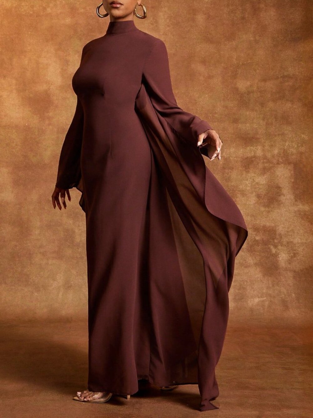 Brown Elegant Women's Chiffon Mock Neck Batwing Long Sleeve Maxi Dress - Picture 5 of 5